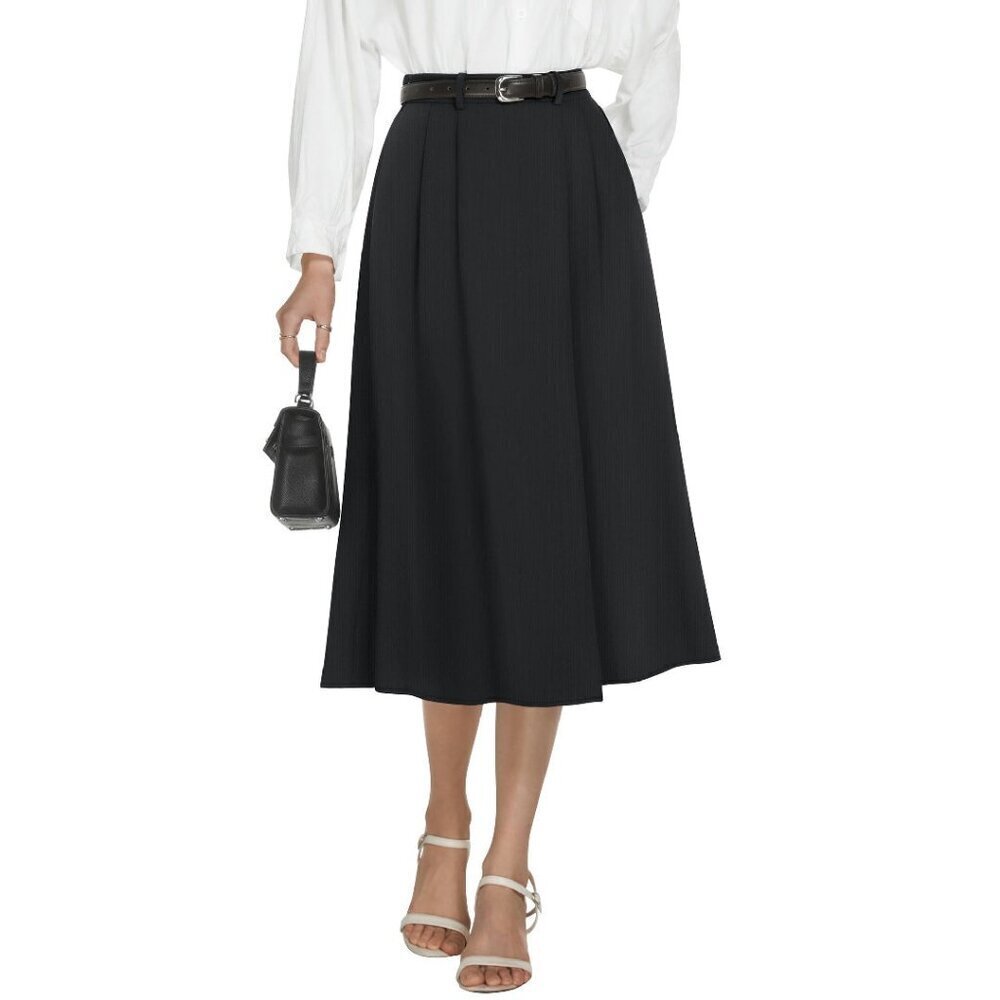High Waisted Midi Skirt A-Line Pleated Work Skirt with Pockets